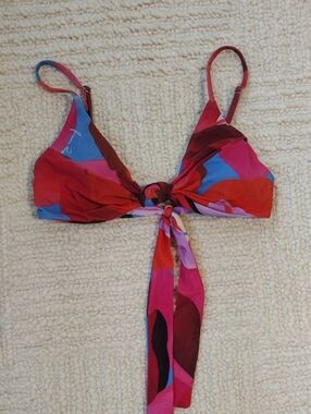 Farm Rio Colorblock Tie-Front Bikini Top - Pink Red Blue - Size Small A/B Cup